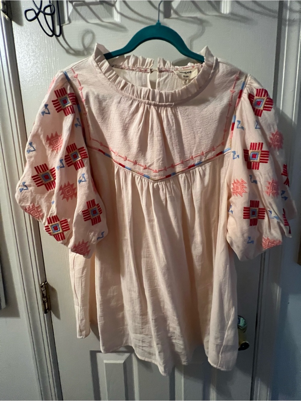 Umgee Cream Peasant Blouse with Red & Blue Embroidery